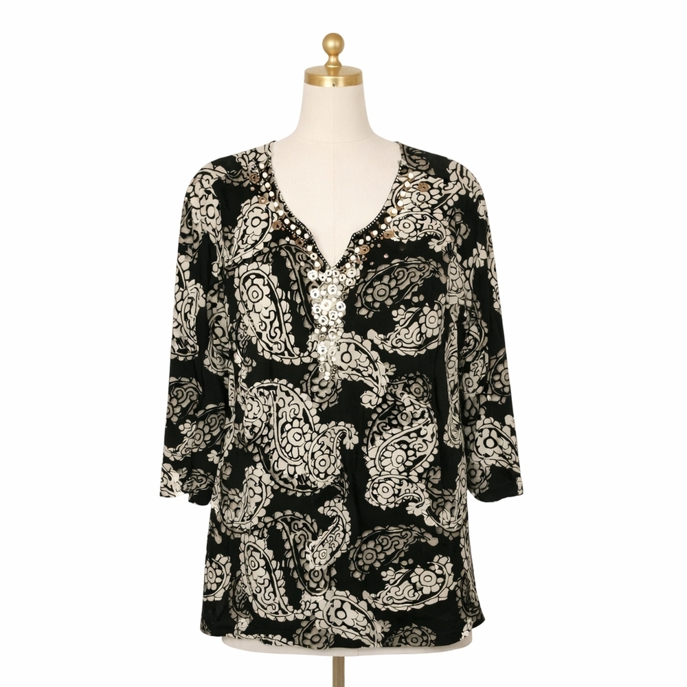Style & Co. Black and Cream Paisley Blouse